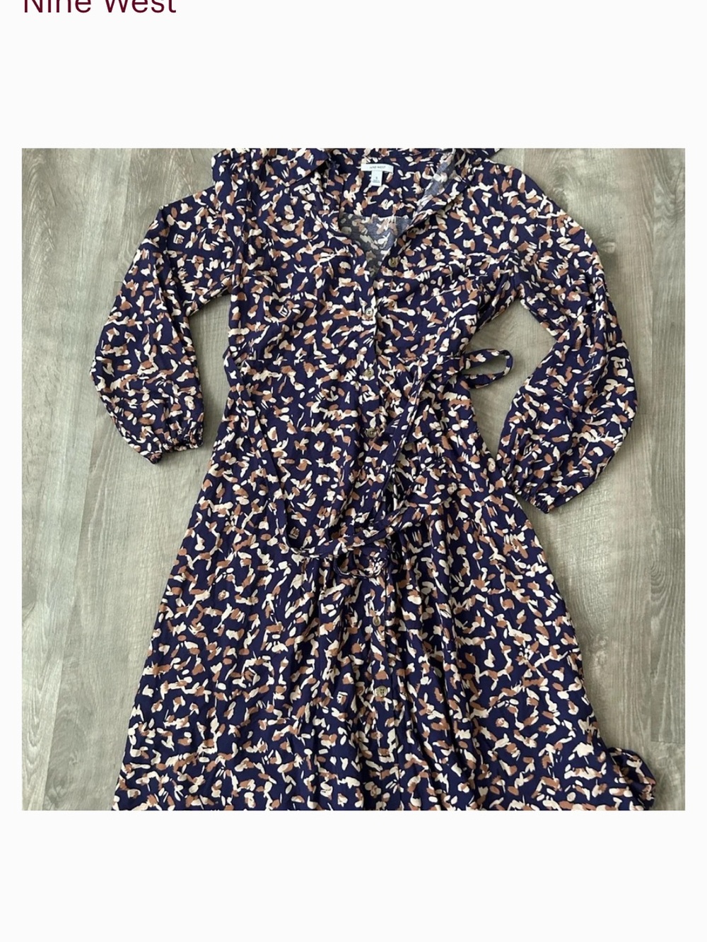 Nine West Navy Floral-Print Long Sleeve Wrap Dress